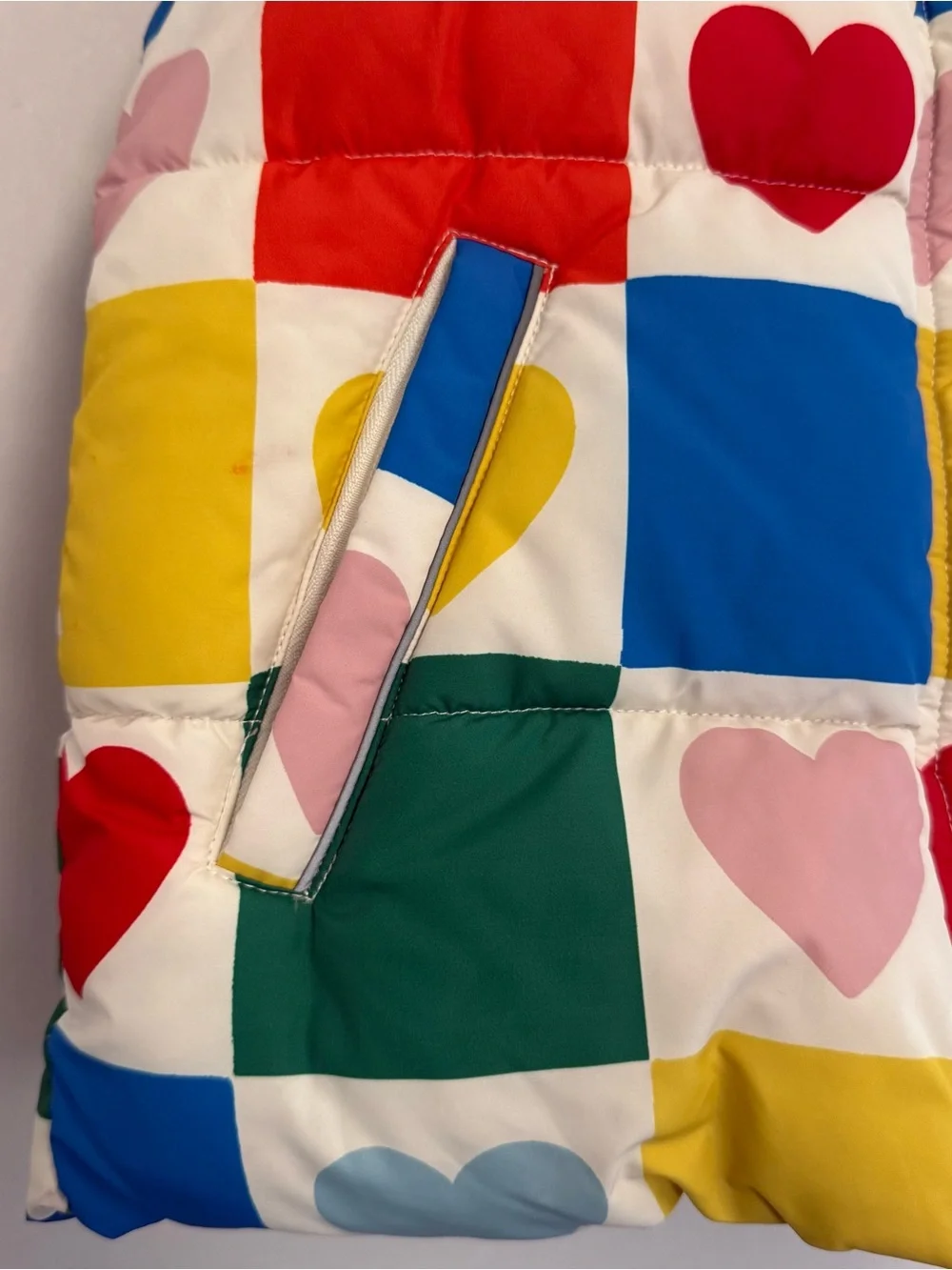 Cute Boden Girls Multicolor Heart Patchwork Hooded Puffer Vest little girl